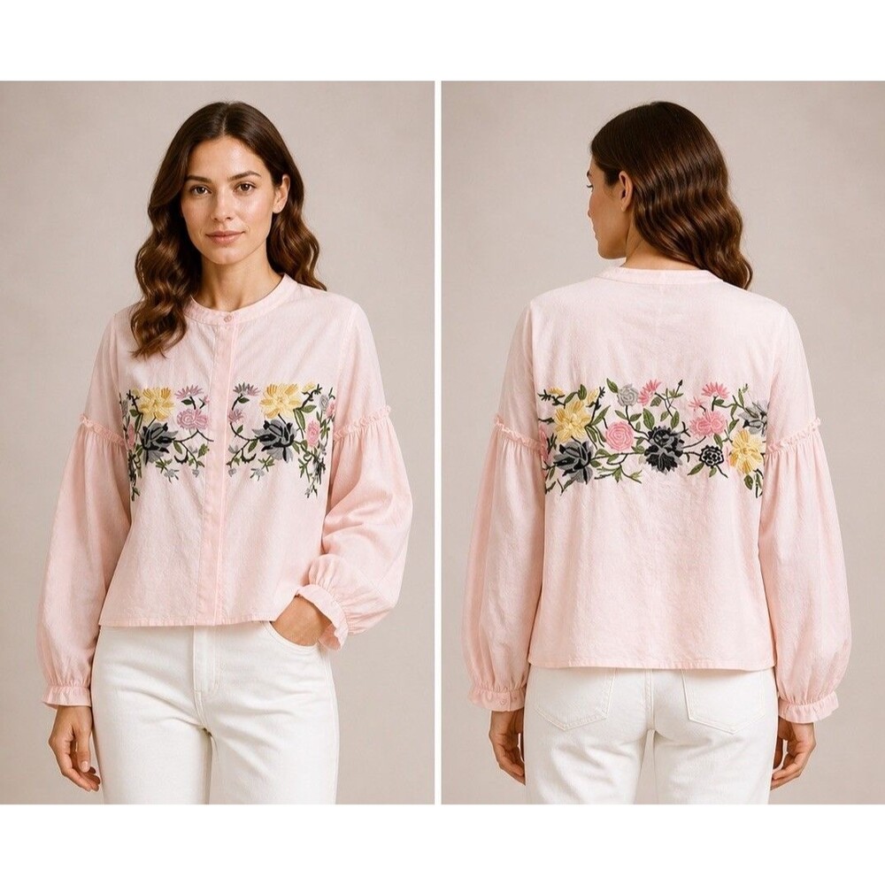 Max Sport Women’s Size L Beautifully Embroidered Front And Back Pink Blouse EUC
